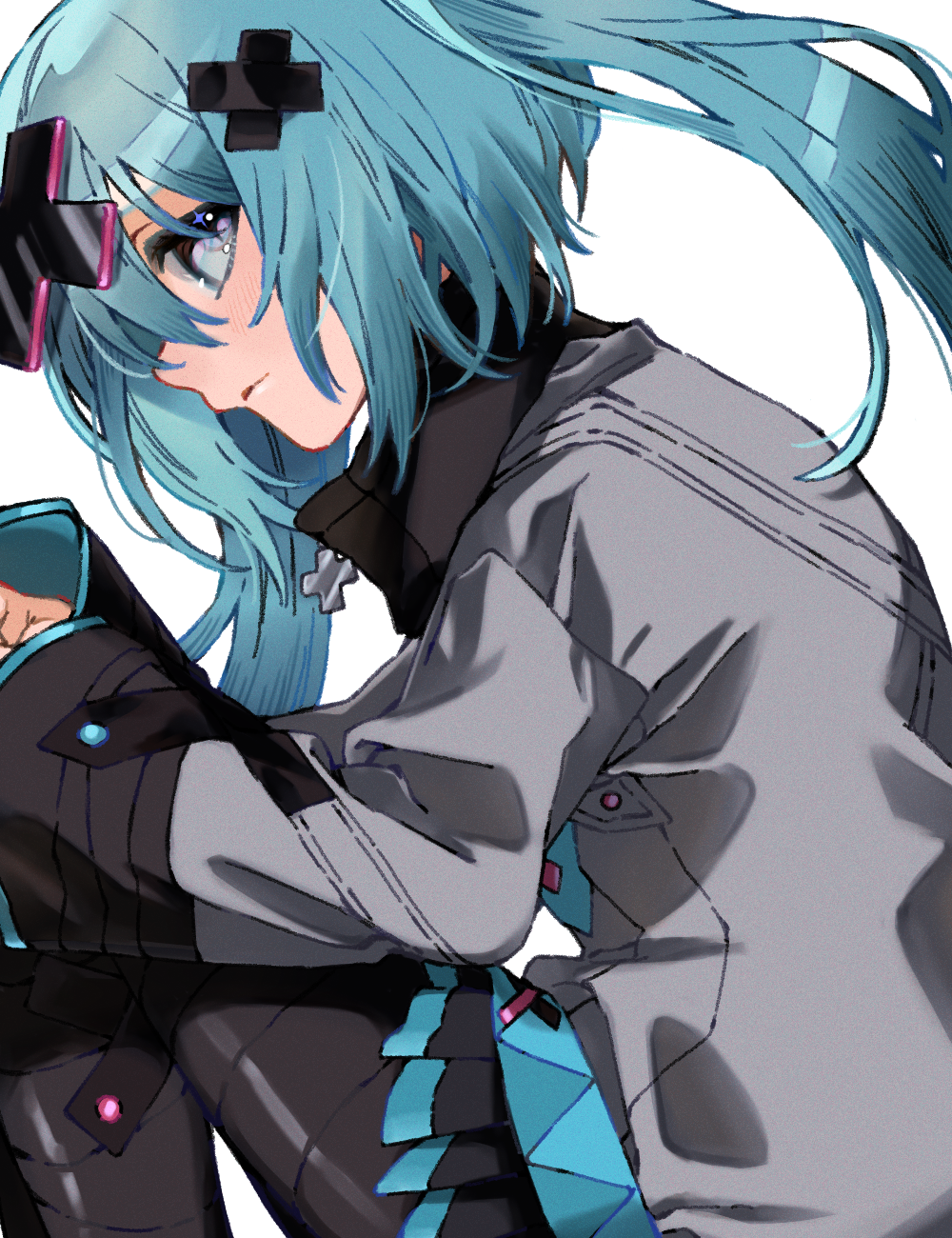 1girl, blue_hair, commentary, from_side, grey_jacket, hair_ornament, hatsune_miku, highres