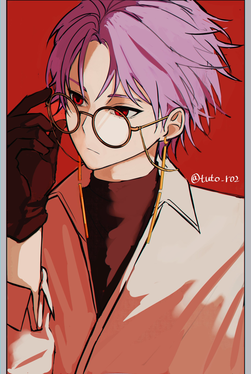 1boy, absurdres, adjusting_eyewear, bespectacled, black_gloves, black_shirt, closed_mouth, eyewear_strap