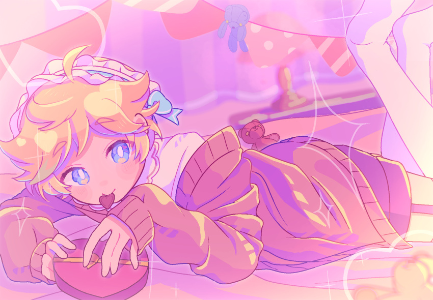 1boy, ahoge, black_shorts, blue_eyes, blue_hairband, blurry, blurry_background, box, box_of_chocolates, bright_pupils, bunting, c:, candy, chocolate, collar, curtains, dot_nose, double-parted_bangs, ensemble_stars!, feathered_hair, feet_out_of_frame, food, frilled_collar, frilled_hairband, frills, hairband, hand_rest, harukawa_sora, heart, heart-shaped_box, heart-shaped_chocolate, highres, knees_up, looking_to_the_side, lying, male_focus, mouth_hold, off_shoulder, on_bed, on_stomach, otoko_no_ko, palmar_flexion, pennant, pink_sweater, pink_theme, raised_eyebrows, roru_(inunonukege), shirt, short_hair, shorts, sideways_glance, smile, solo, sparkle, stuffed_animal, stuffed_toy, sweater, teddy_bear, the_pose, thigh-highs, two-tone_hairband, white_hairband, white_pupils, white_shirt, white_thighhighs, yume_kawaii