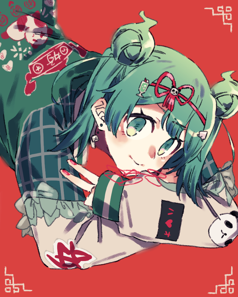 1girl, alternate_costume, alternate_hairstyle, animal_print, bear_print, closed_mouth, double_bun, earrings