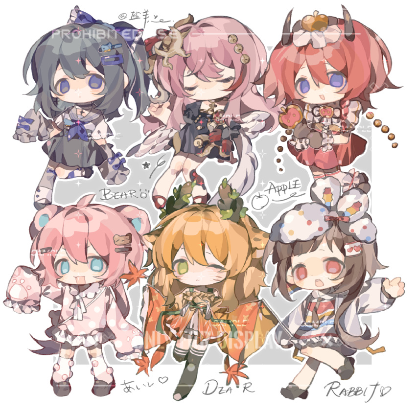 6+girls, angel_wings, animal_ear_headwear, animal_ears, antlers, apple, apple_brooch, asymmetrical_legwear