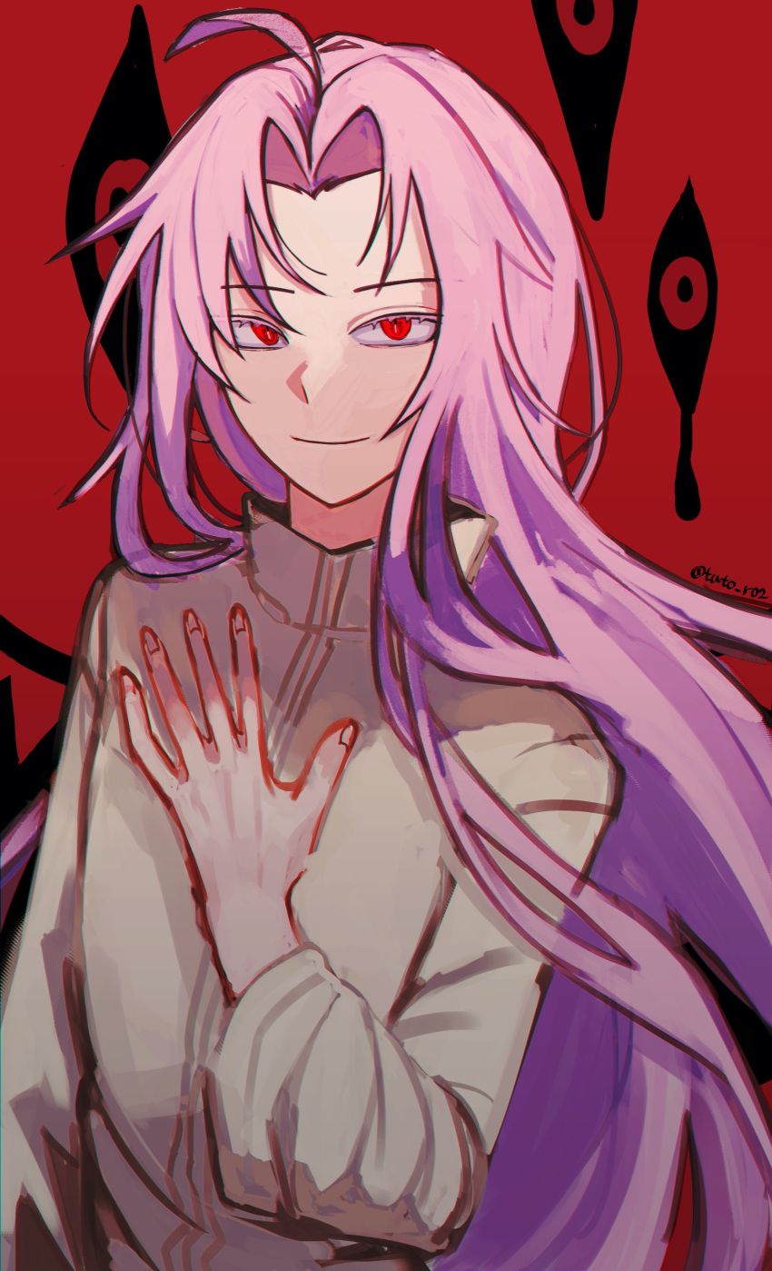 1boy, absurdres, ahoge, chromatic_aberration, closed_mouth, colored_eyelashes, commentary_request, hand_on_own_chest