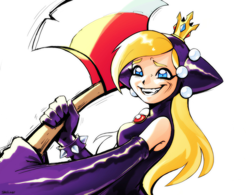 1girl, american_psycho, axe, blonde_hair, blue_eyes, bracelet, crown, gloves