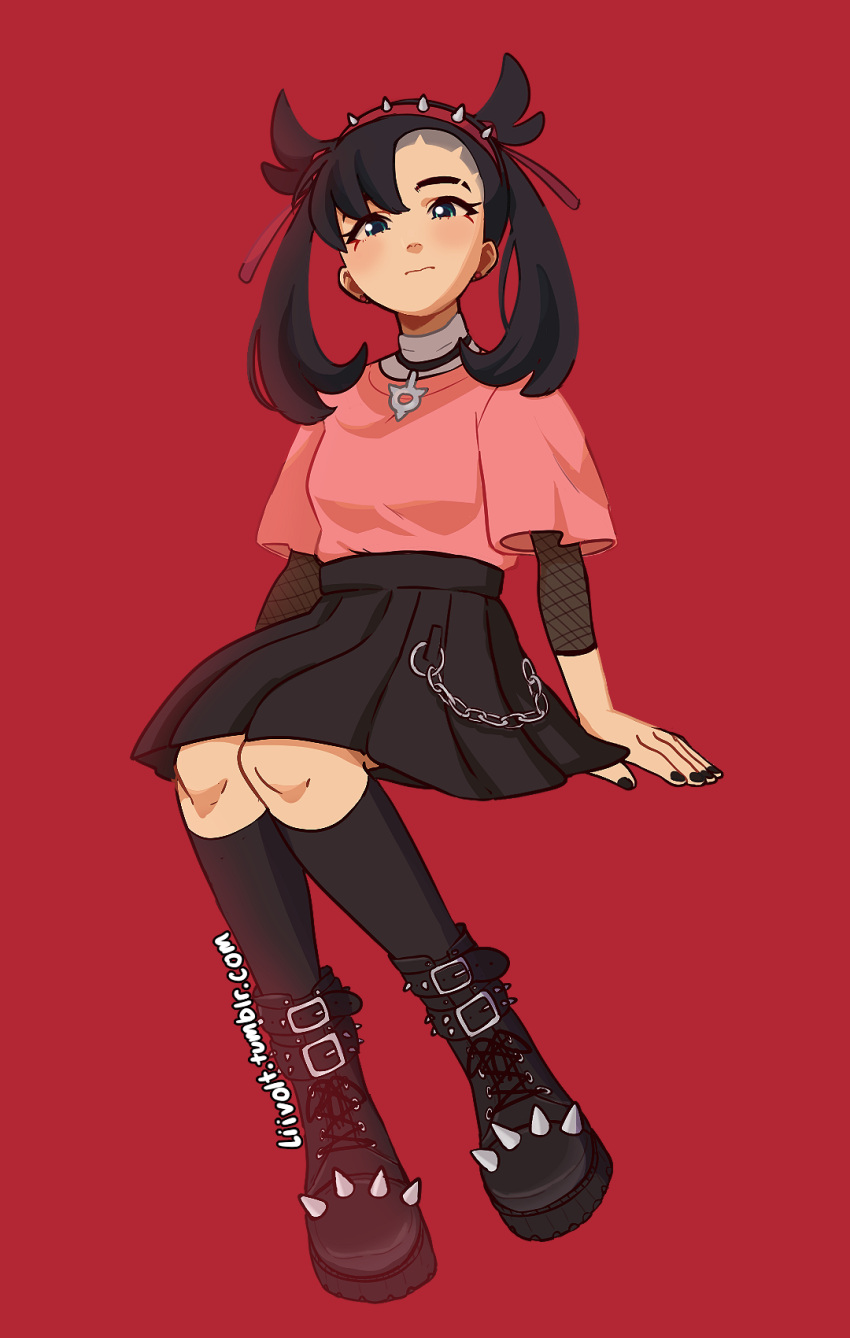 1girl, alternate_costume, asymmetrical_hair, black_footwear, black_skirt, boots, full_body, hairband