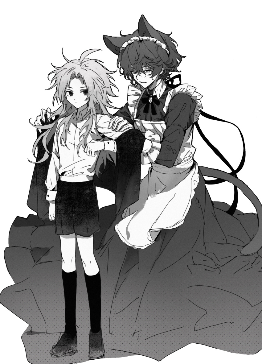 2boys, absurdres, ahoge, animal_ears, apron, cat_boy, cat_ears, cat_tail