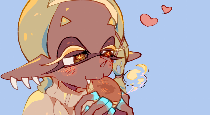 blonde_hair, dark-skinned_female, dark_skin, earrings, eating, fang, frye_(splatoon), gradient_skin