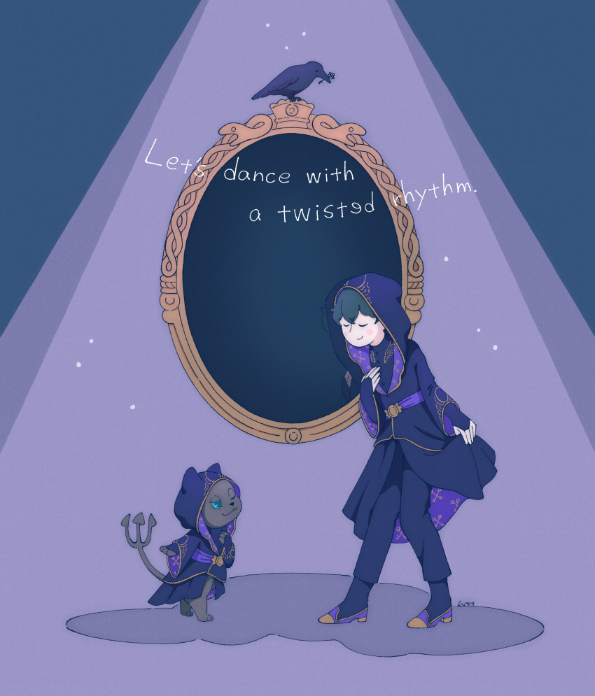 1girl, absurdres, animal, bird, black_hair, cat, clothes_lift, creature, crow, english_text, full_body, grim_(twisted_wonderland), hand_on_own_chest, highres, mirror, night_raven_college_ceremonial_robes, reverse_trap, robe, short_hair, skirt, skirt_lift, smile, solo, twisted_wonderland, usape0kyun, yuu_(twisted_wonderland)