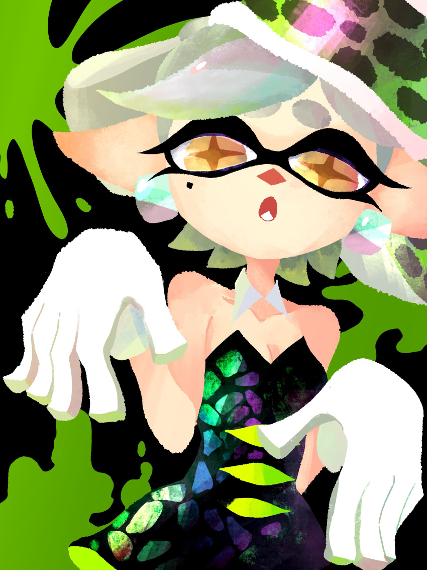 +_+, 1girl, absurdres, dress, fangs, gloves, highres, ink, inkling, jewelry, looking_at_viewer, marie_(splatoon), mole, mole_under_eye, object_on_head, open_mouth, pointy_ears, splatoon_(series), splatoon_1, stmt_tmtk, tentacle_hair, yellow_eyes