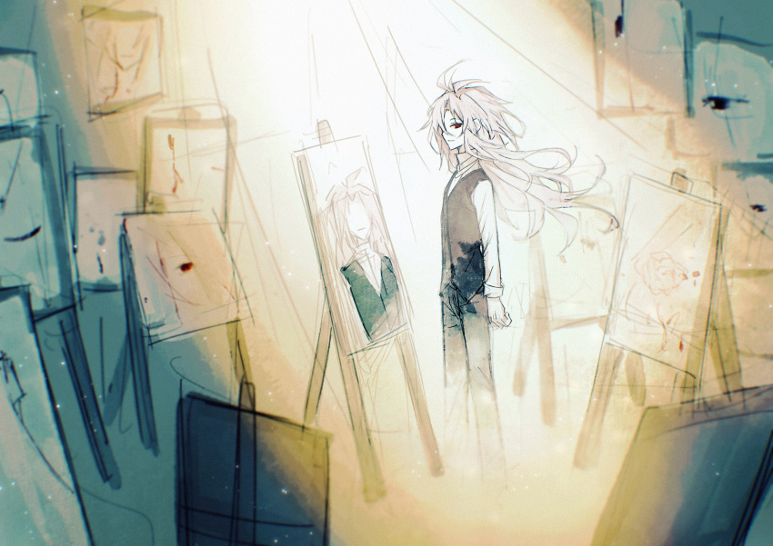 1boy, absurdres, black_pants, black_vest, canvas_(object), chinese_commentary, closed_mouth, commentary_request