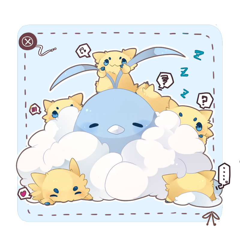 ..., :3, ?, animal_focus, bird, blue_background, blue_eyes, blush, closed_eyes, commentary_request, full_body, heart, joltik, komeda_arufa, looking_at_viewer, no_humans, open_mouth, pokemon, pokemon_(creature), simple_background, smile, spoken_ellipsis, spoken_heart, spoken_question_mark, spoken_squiggle, squiggle, swablu, zzz