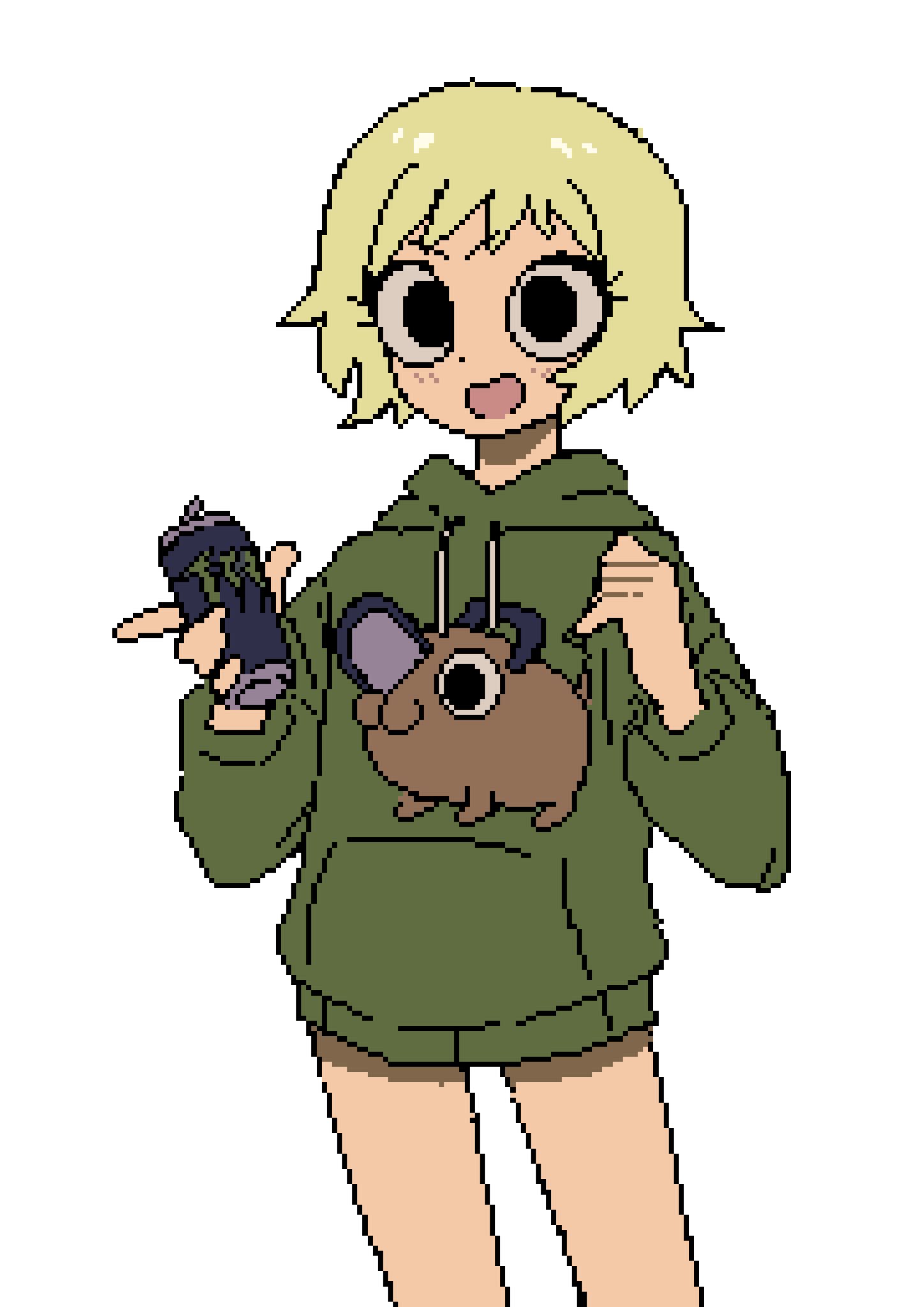 1girl, black_eyes, blonde_hair, brandon_(badger_g), can, drink_can, freckles, green_sweater, highres, holding, holding_can, lisa_miller, looking_at_viewer, monster_energy, open_mouth, pixel_art, pochita_(chainsaw_man), scott_pilgrim_(series), short_hair, simple_background, smile, solo, sweater, white_background