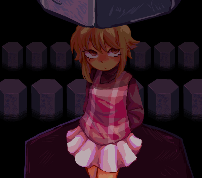 1girl, arms_behind_back, blonde_hair, brown_eyes, closed_mouth, cobalt_memori, commentary, cowboy_shot, dark, english_commentary, hexagon, highres, long_sleeves, miniskirt, pink_sweater, pink_vest, pleated_skirt, short_hair, skirt, solo, standing, sweater, urotsuki, vest, white_skirt, yume_2kki