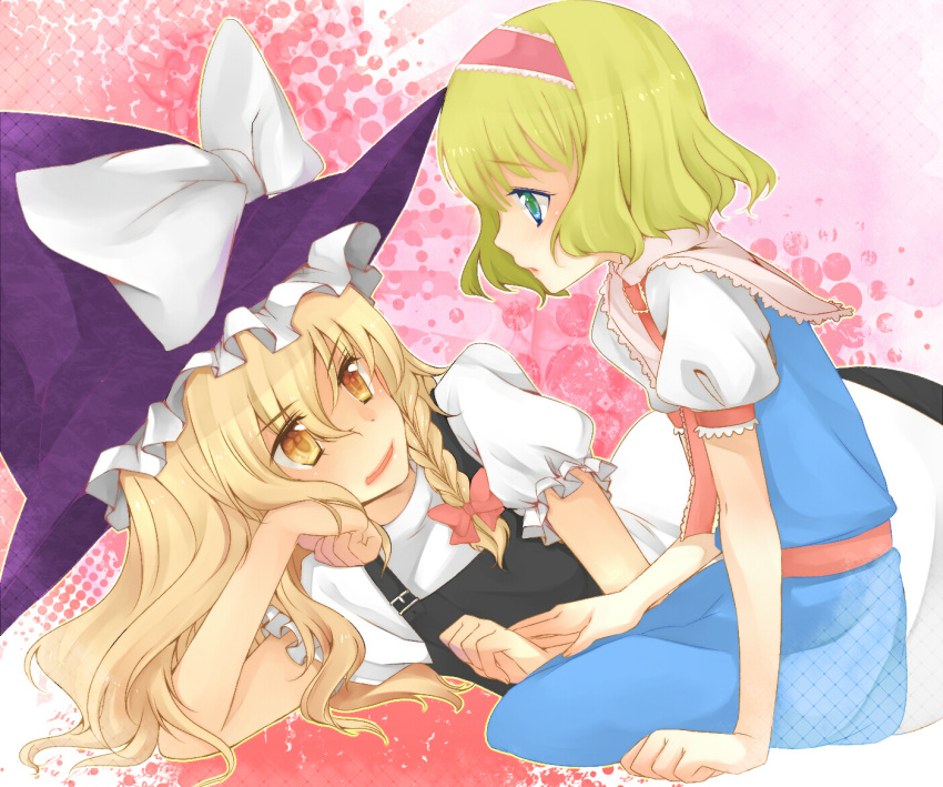 alice_margatroid, blonde_hair, braid, hat, karuto, kirisame_marisa, lying, multiple_girls