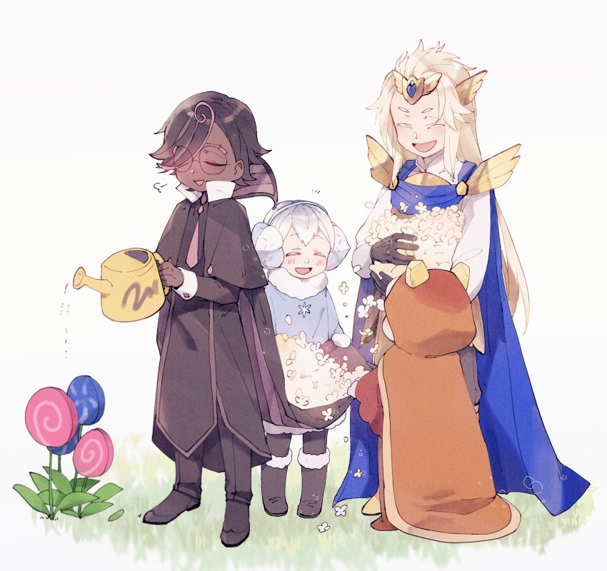 1other, 3boys, :d, aged_down, bakingturtle, behind_another, brown_cape, cape