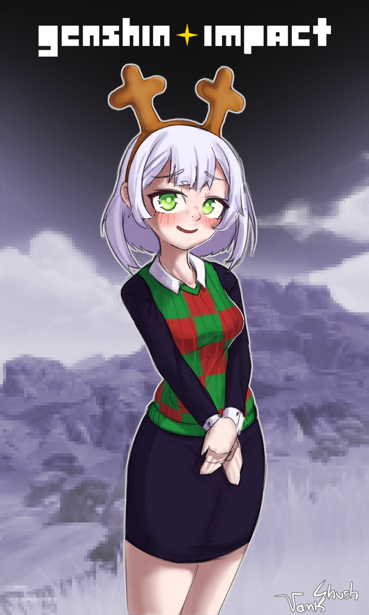 black_skirt, cosplay, deltarune, fake_antlers, genshin_impact, green_eyes, highres, long_sleeves, nervous_smile, noelle_holiday, noelle_holiday_(cosplay), non-web_source, skirt, smile, sweater_vest, volkovo