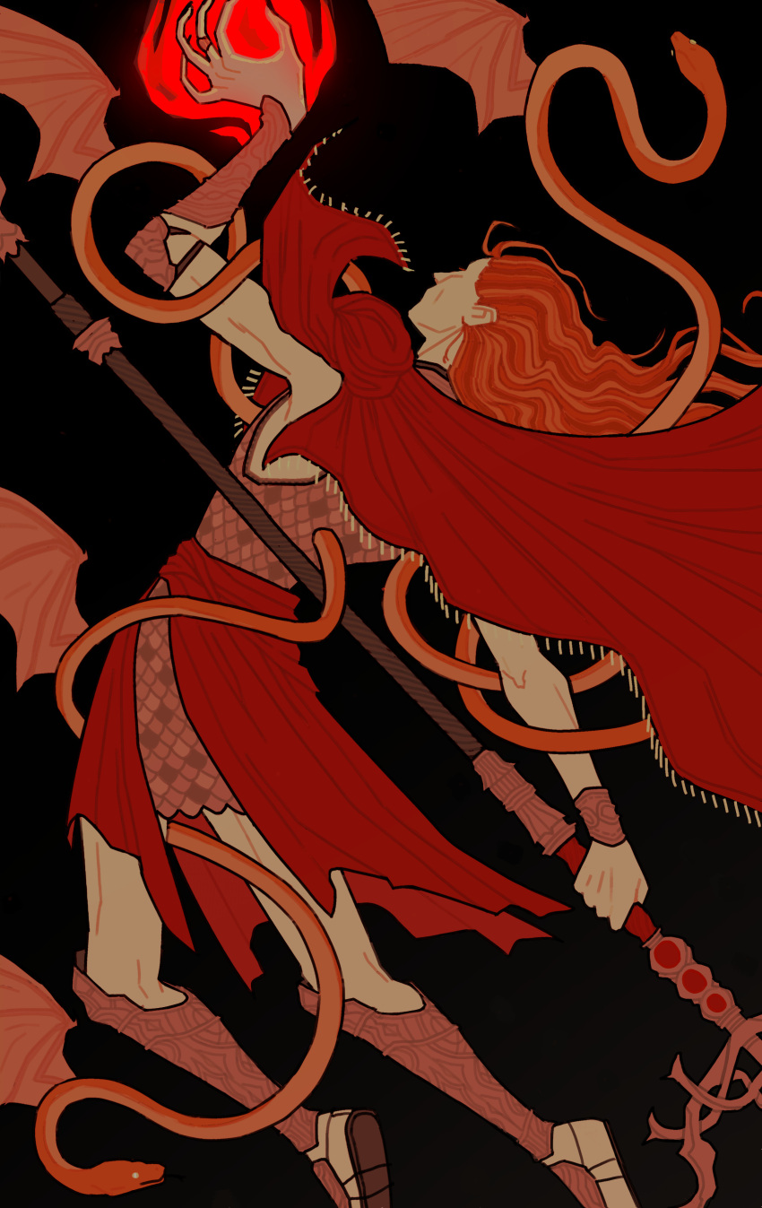 1boy, absurdres, armor, bat_wings, black_background, black_nails, capelet, casting_spell