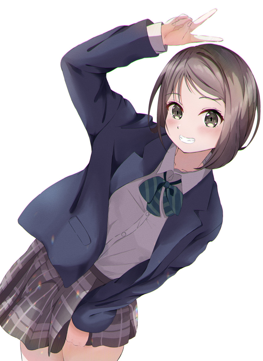 1girl, 22/7, absurdres, arm_up, asymmetrical_hair, blazer, blue_jacket, bow