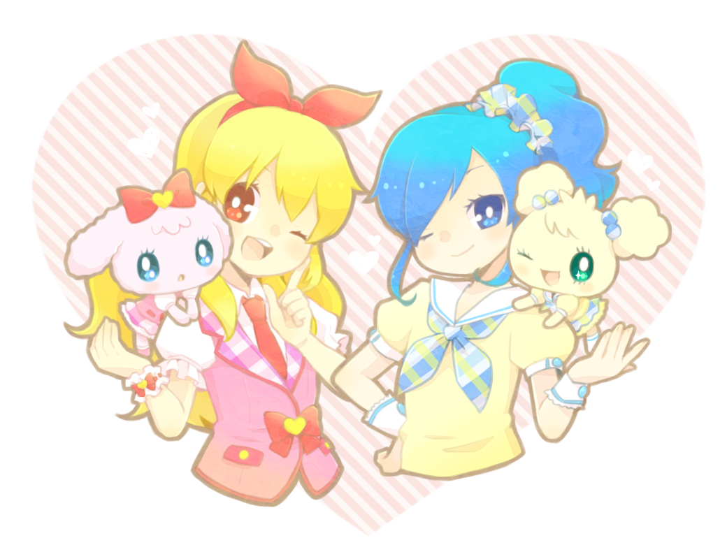4girls, aikatsu!, aikatsu!_(series), aqua_eyes, blonde_hair, blue_eyes, blue_hair, blush, chibi, commentary_request, crossover, dress, hair_ribbon, hanabachi, heart, hoshimiya_ichigo, kiraritchi, kiriya_aoi, long_hair, mini_person, minigirl, multiple_girls, one_eye_closed, ponytail, red_eyes, ribbon, smile, tamagotchi, tamagotchi!_(anime), tamagotchi!_yume_kira_dream, upper_body, white_background, yumemitchi