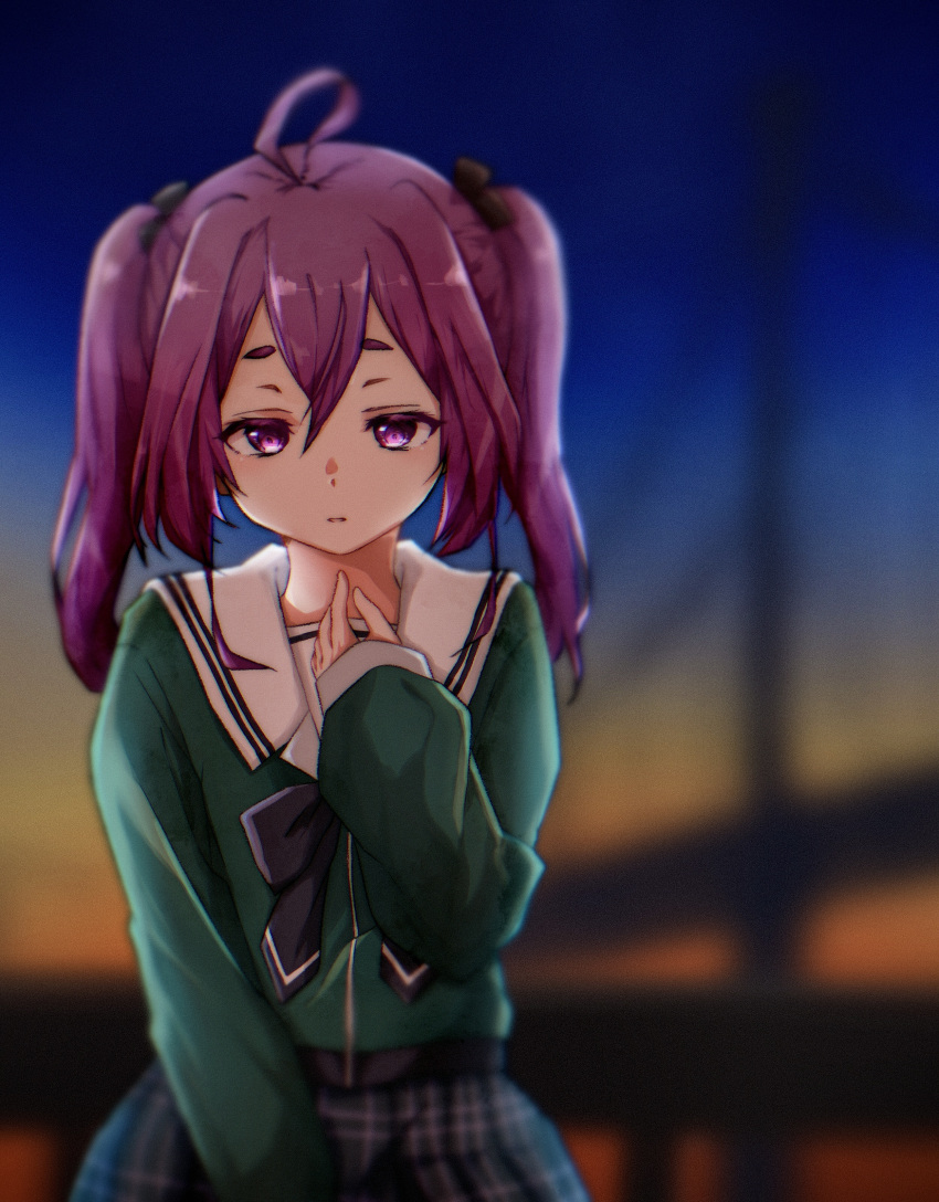 1girl, 22/7, absurdres, ahoge, black_bow, black_bowtie, black_skirt, blurry, bow, bowtie, cowboy_shot, depth_of_field, gradient_sky, green_shirt, hair_between_eyes, hand_on_own_chest, highres, koukoutou_(seikoutoutei), long_hair, long_sleeves, looking_down, parted_lips, plaid_clothes, plaid_skirt, pleated_skirt, power_lines, purple_hair, rokubanchou_school_uniform, sailor_collar, school_uniform, serafuku, shirt, skirt, sky, solo, sunset, tojo_yuki, twintails, utility_pole, violet_eyes, white_sailor_collar