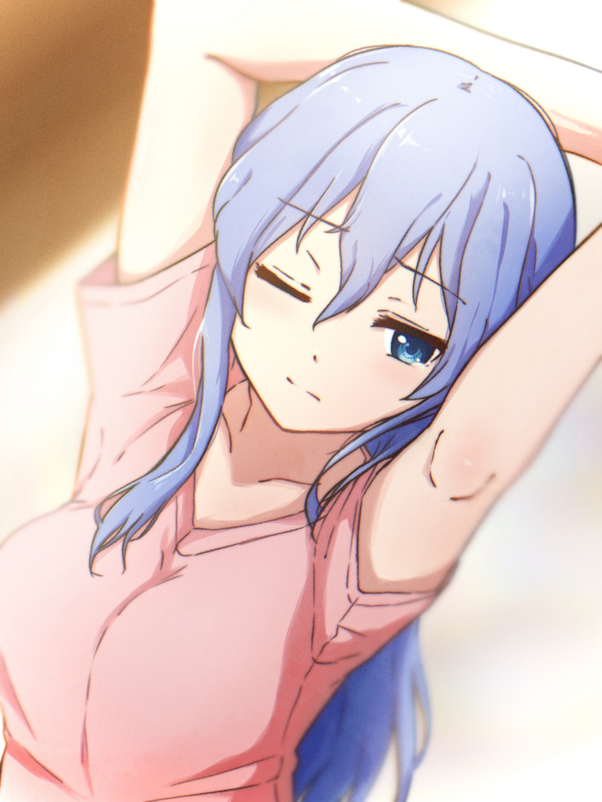 1girl, 22/7, alternate_hairstyle, arms_up, blue_eyes, blue_hair, blurry, closed_mouth, collarbone, depth_of_field, dutch_angle, from_above, hair_between_eyes, hair_down, highres, indoors, koukoutou_(seikoutoutei), light_blue_hair, long_hair, maruyama_akane, no_eyewear, one_eye_closed, pink_shirt, shirt, short_sleeves, sidelocks, sleepy, solo, upper_body