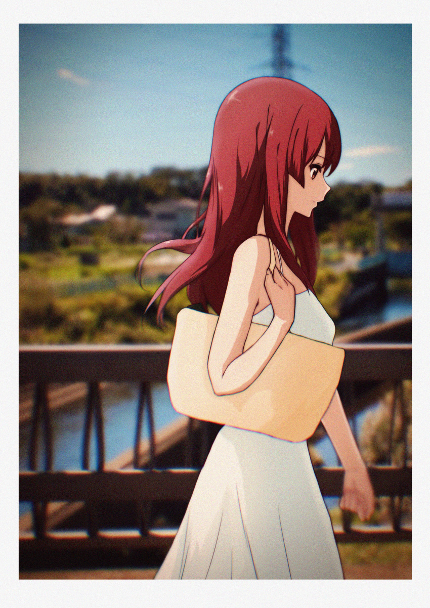 1girl, 22/7, absurdres, bag, bare_shoulders, blurry, border, bridge