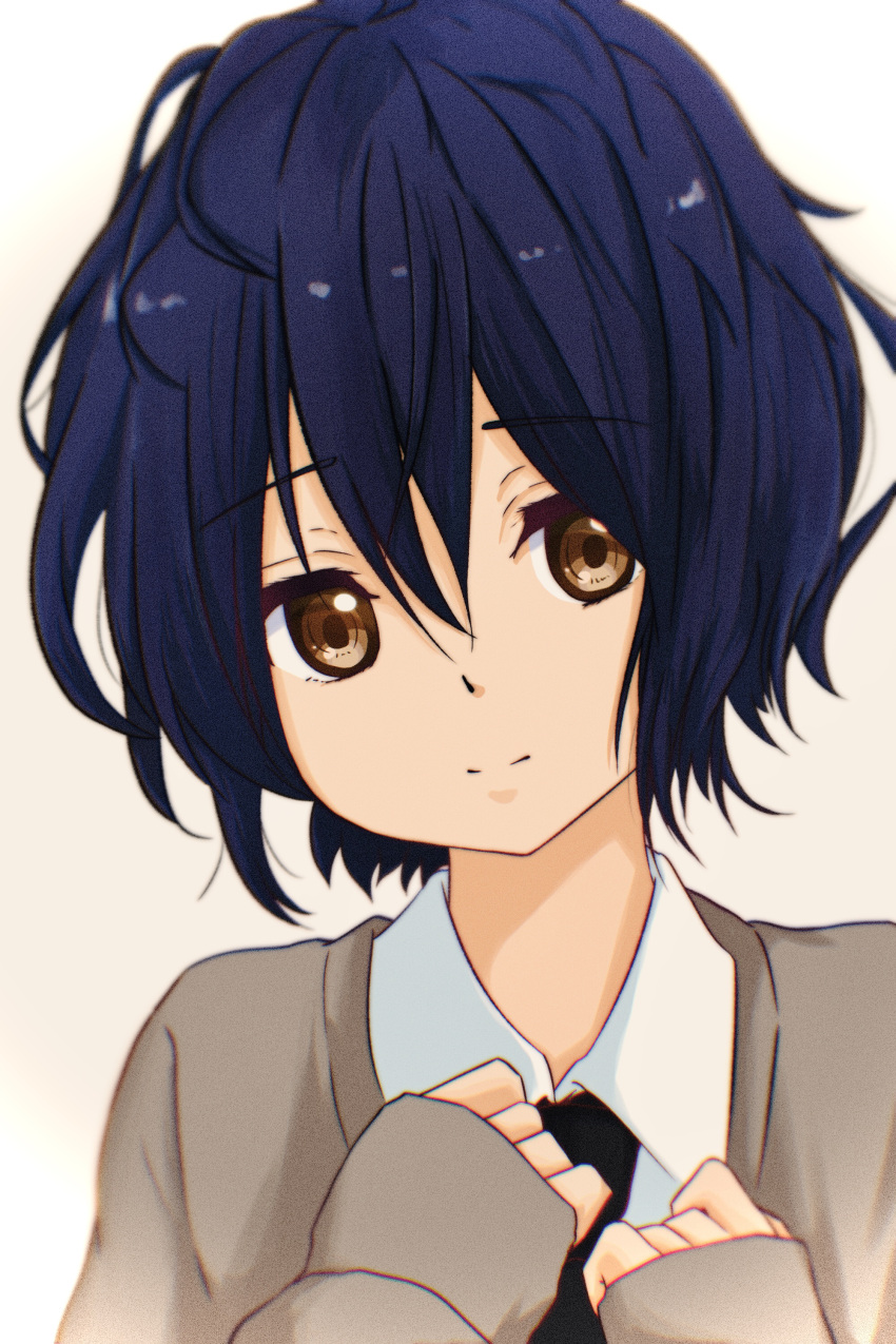 1girl, 22/7, absurdres, black_necktie, blue_hair, blurry, brown_eyes, brown_jacket
