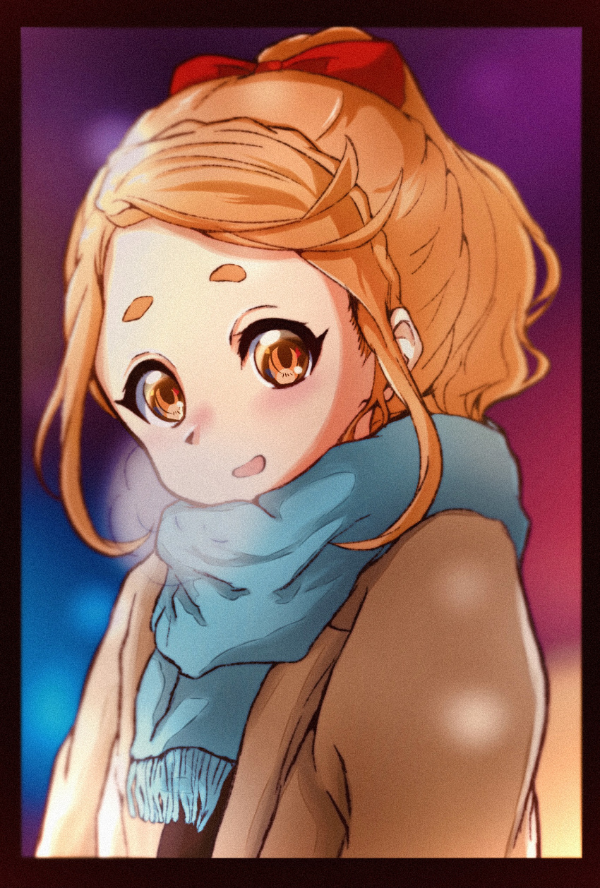 1girl, 22/7, black_border, blue_scarf, blush, border, bow, braid
