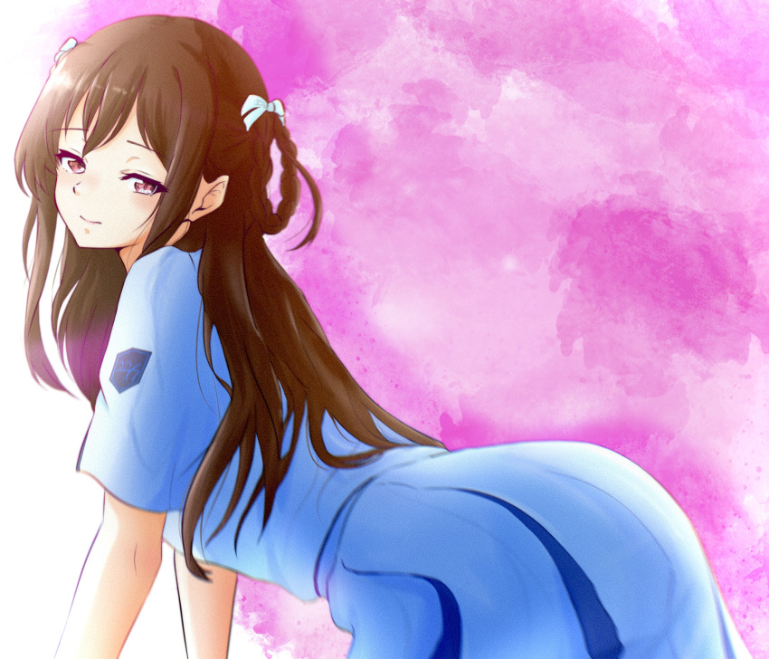 1girl, 22/7, all_fours, blue_dress, bow, braid, braided_hair_rings, brown_eyes