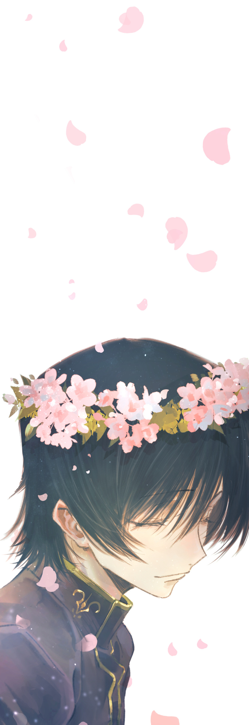1boy, absurdres, ashford_academy_school_uniform, black_hair, black_shirt, closed_eyes, code_geass, falling_petals