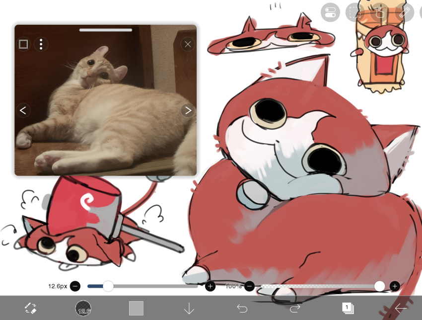 animal_focus, bell, ca10po4oh2, cat, character_request, check_medium, food_wrapper, hammer, highres, ibispaint_(medium), medium_request, neck_bell, no_humans, puff_of_air, red_cat, reference_inset, simple_background, white_background, youkai_watch