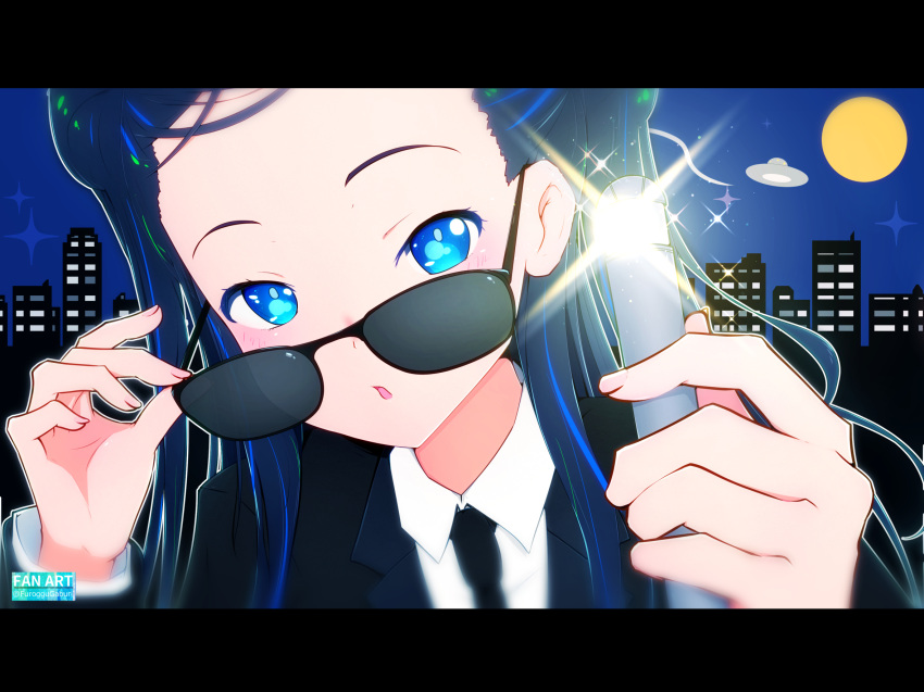 1girl, 22/7, adjusting_eyewear, artist_name, black_hair, black_jacket, black_necktie, blue_eyes