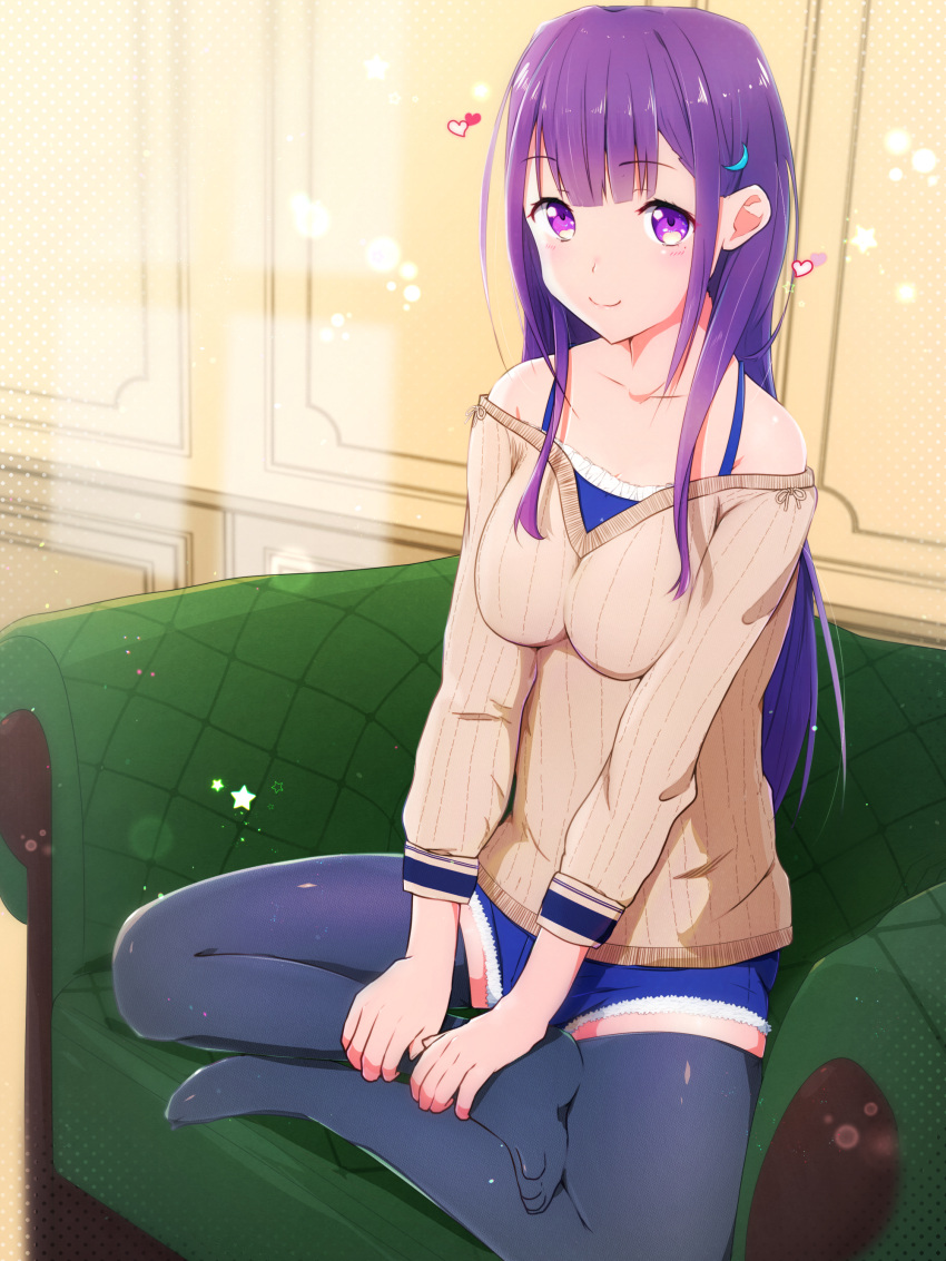 1girl, 22/7, absurdres, bare_shoulders, black_thighhighs, blue_camisole, blue_shorts, brown_shirt