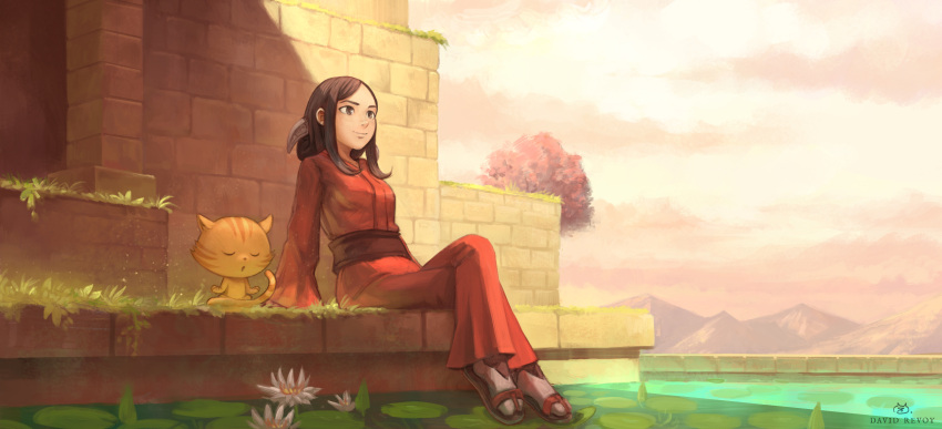 1girl, absurdres, belt, breasts, brown_eyes, brown_hair, cat, crossed_legs