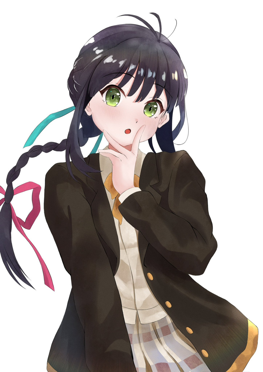 1girl, 22/7, :o, antenna_hair, black_hair, black_jacket, bow, bowtie