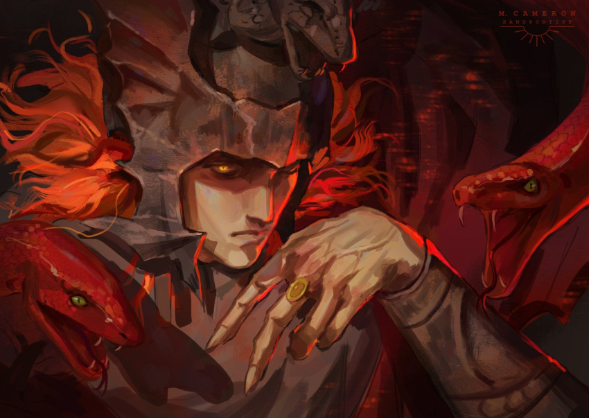 1boy, animal_helmet, annoyed, black_helmet, bored, closed_mouth, elden_ring, fangs