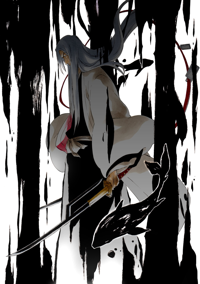 1boy, absurdres, black_hakama, black_kimono, bleach, dual_wielding, fish, floating_clothes