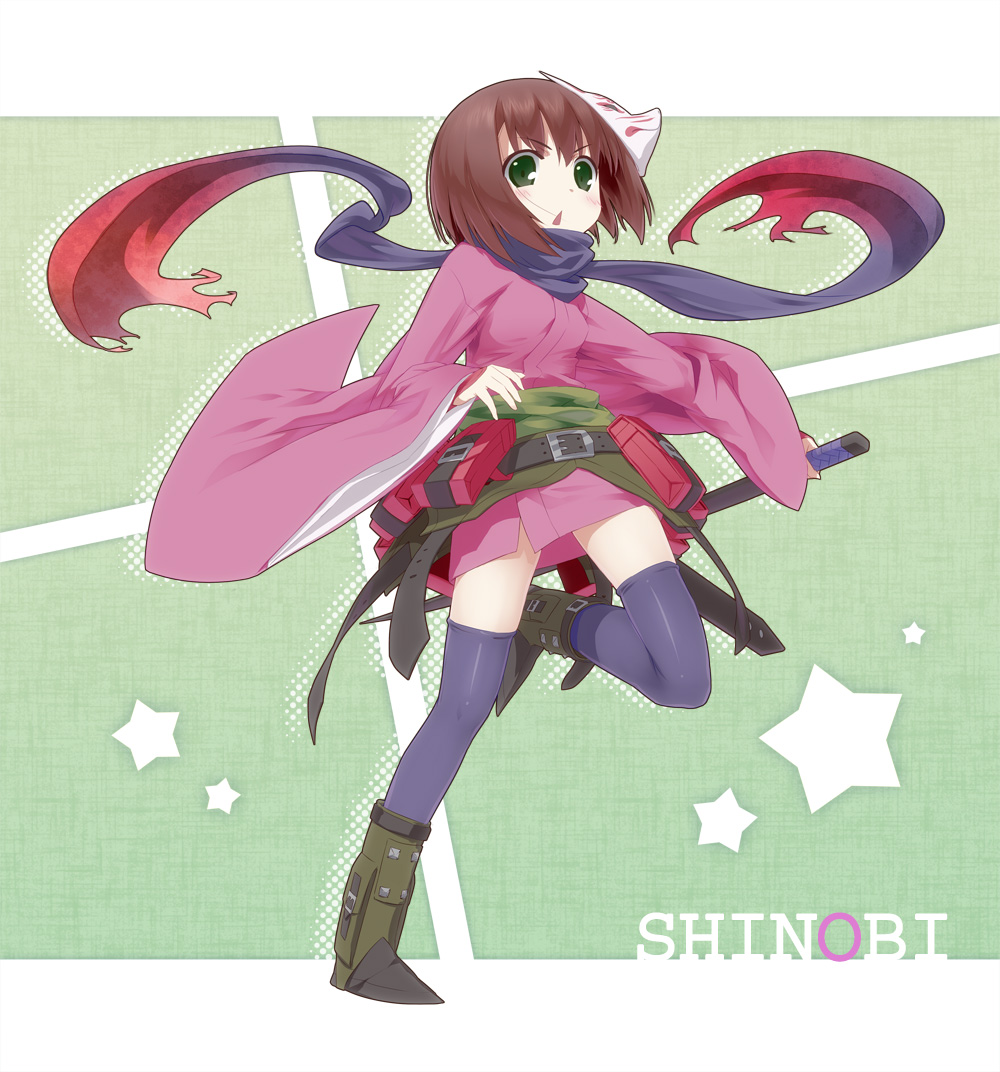 brown_hair, fox_mask, green_eyes, japanese_clothes, kimono, mask, scarf, sekaiju_no_meikyuu