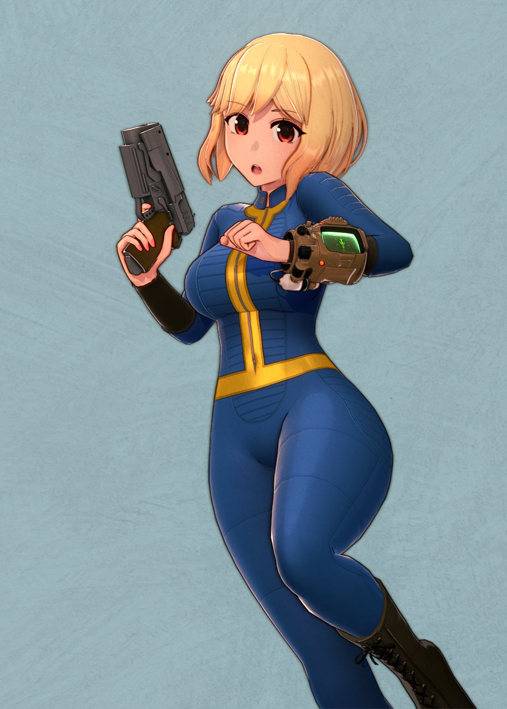 1girl, anna_anon, black_footwear, blonde_hair, blue_bodysuit, bodysuit, boots, collar, fallout_(series), fallout_4, gun, handgun, highres, open_mouth, pip_boy, red_eyes, short_hair, simple_background, solo, vault_girl, weapon, wrist_computer