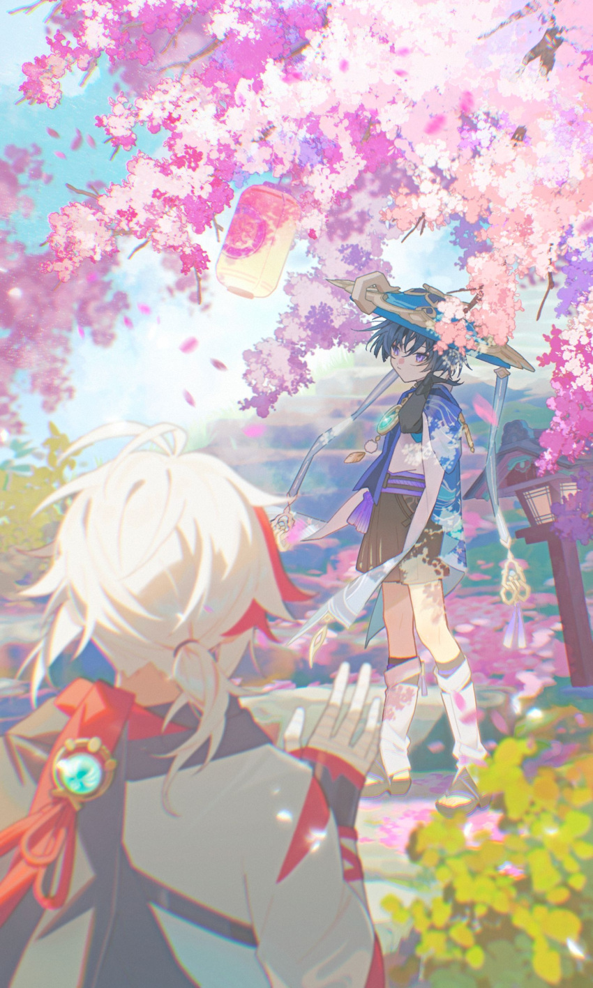 2boys, absurdres, bandaged_hand, bandages, bishounen, black_shorts, blue_hat, cherry_blossoms, chromatic_aberration, closed_mouth, dappled_sunlight, day, diffraction_spikes, facing_another, falling_petals, film_grain, foliage, from_behind, genshin_impact, hand_in_own_hair, hand_up, hat, highres, jacket, kaedehara_kazuha, lantern, long_sleeves, looking_to_the_side, low_side_ponytail, male_focus, mixed_media, motion_blur, multiple_boys, namadonuts, outdoors, paper_lantern, petals, pink_petals, scaramouche_(genshin_impact), scenery, short_ponytail, shorts, stairs, standing, sunlight, tree, tsurime, violet_eyes, vision_(genshin_impact), wanderer_(genshin_impact), waving, white_jacket, wind