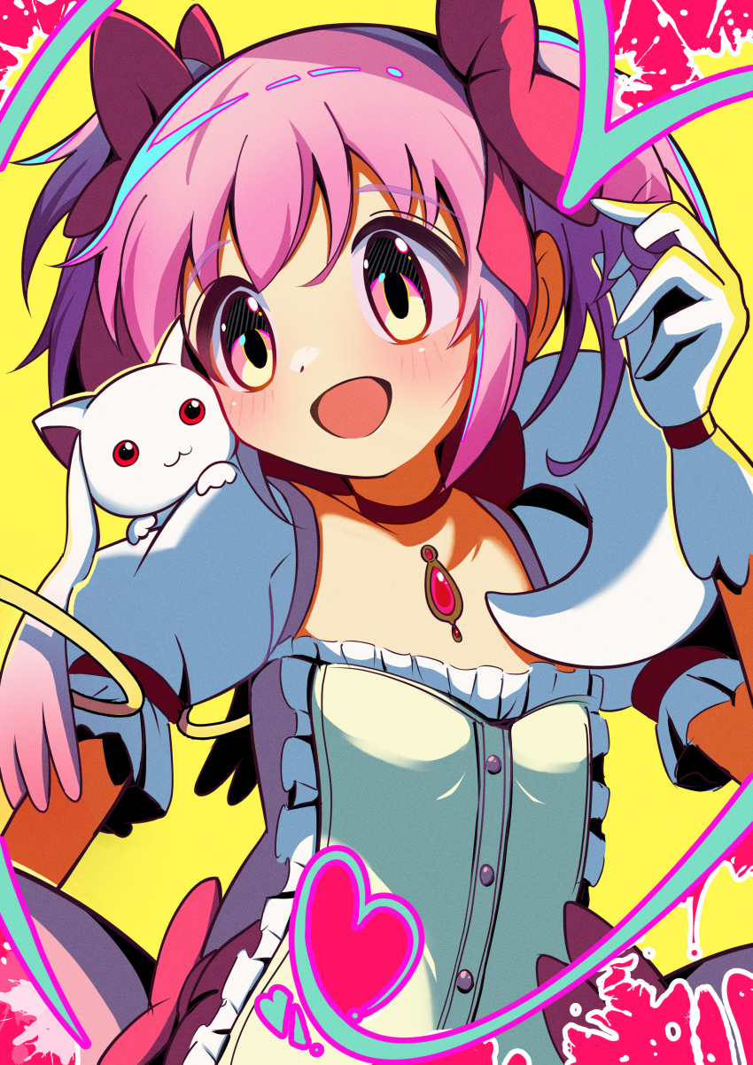 1girl, absurdres, bow, bow_choker, buttons, center_frills, chest_jewel, choker, colorful, commentary_request, cowboy_shot, creature, creature_on_shoulder, dot_nose, dress, dripping, frilled_dress, frilled_sleeves, frills, gloves, hair_bow, hand_in_own_hair, heart, highres, kaname_madoka, kyubey, light_blush, looking_at_viewer, magical_girl, mahou_shoujo_madoka_magica, mahou_shoujo_madoka_magica_(anime), nadesukos, on_shoulder, open_mouth, paint_splatter, pink_bow, pink_dress, pink_eyes, pink_gemstone, pink_hair, puffy_short_sleeves, puffy_sleeves, red_bow, red_choker, short_hair, short_sleeves, short_twintails, smile, square_neckline, tareme, twintails, waist_bow, white_gloves, white_sleeves, yellow_background