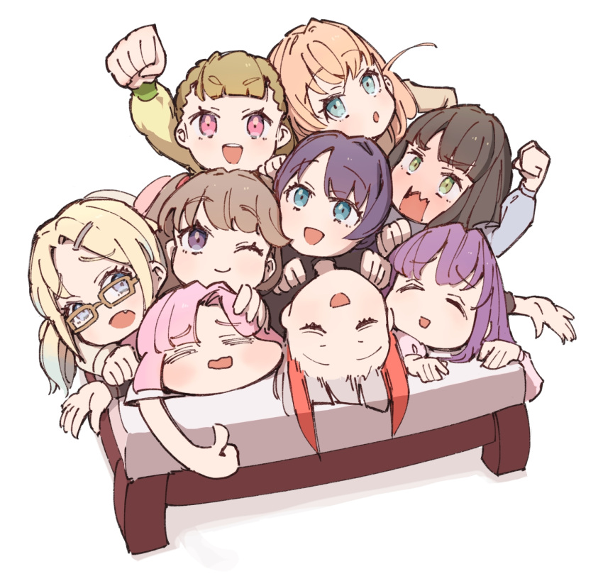 6+girls, :d, ;), =_=, ^_^, anyoji_hime, black_hair, blonde_hair