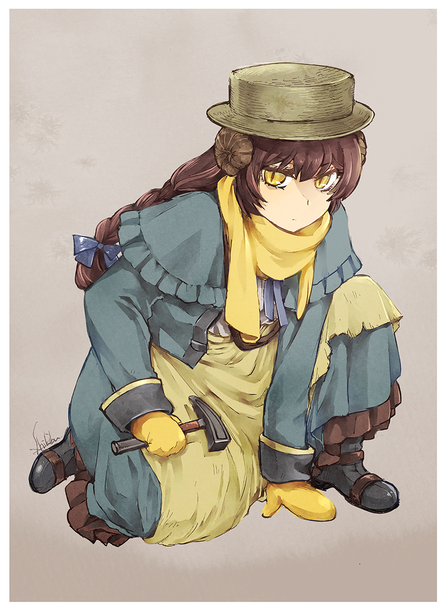 1girl, artist_name, boots, braid, braided_ponytail, brown_hair, capelet, dress, fate/grand_order, fate_(series), fossil_hair_ornament, hair_ornament, hammer, hat, helix_fossil, highres, holding, holding_hammer, ito_(pixiv), jacket, kneeling, long_hair, mary_anning_(fate), mittens, open_clothes, open_jacket, scarf, simple_background, solo, yellow_eyes, yellow_mittens, yellow_scarf