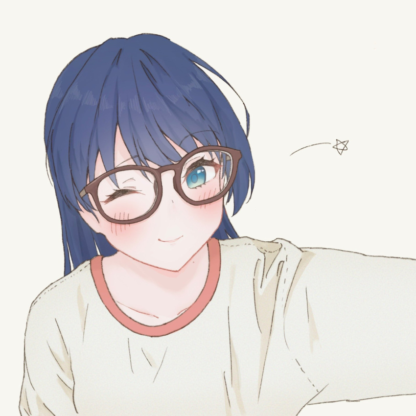 1girl, ;), blue_eyes, blue_hair, blush, brown-framed_eyewear, collarbone, commentary, dark_blue_hair, highres, link!_like!_love_live!, long_hair, looking_at_viewer, love_live!, mole, mole_on_neck, murano_sayaka, nonaka_kokona, one_eye_closed, ranshou, shirt, simple_background, smile, solo, star_(symbol), t-shirt, upper_body, virtual_youtuber, voice_actor_connection, white_background, white_shirt