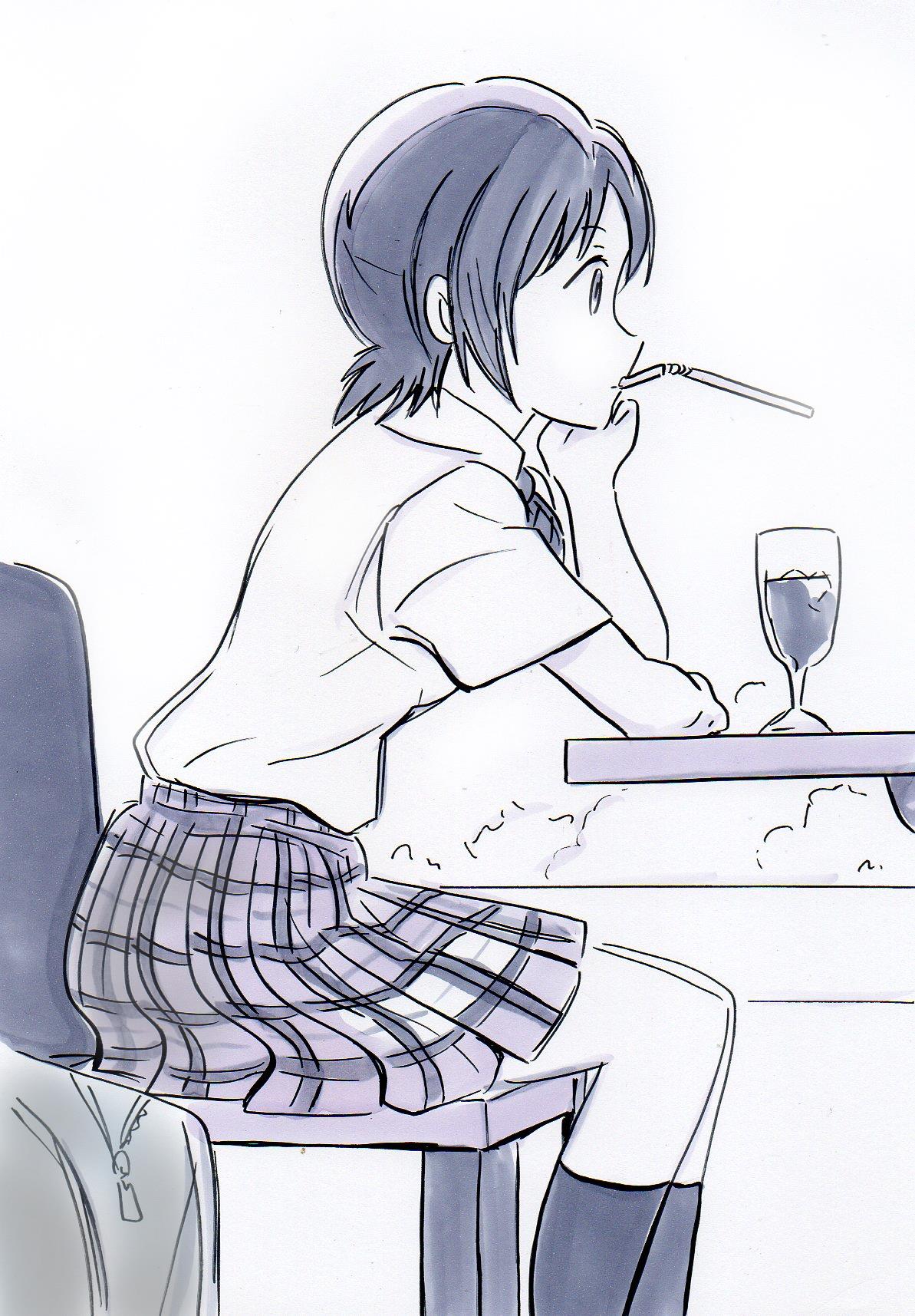 1girl, bag, commentary_request, cross_game, drinking_straw, highres, kneehighs, monochrome