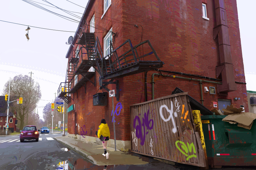 1girl, absurdres, anthony_brault, black_hair, black_socks, brick_wall, building, cable