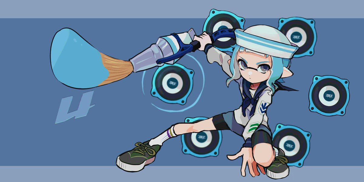 1girl, bike_shorts, bike_shorts_under_skirt, black_shorts, blue_eyes, blue_hair, blue_neckerchief, blue_sailor_collar, blue_skirt, closed_mouth, commentary, double_horizontal_stripe, full_body, hat, holding, imaikuy0, inkbrush_(splatoon), inkling, inkling_girl, inkling_player_character, killer_wail_5.1_(splatoon), light_blue_hair, long_sleeves, miniskirt, neckerchief, pointy_ears, sailor_collar, sailor_hat, sailor_shirt, shirt, shoelaces, shoes, short_hair, shorts, skirt, socks, solo, splatoon_(series), symbol-only_commentary, tentacle_hair, white_hat, white_shirt, white_socks