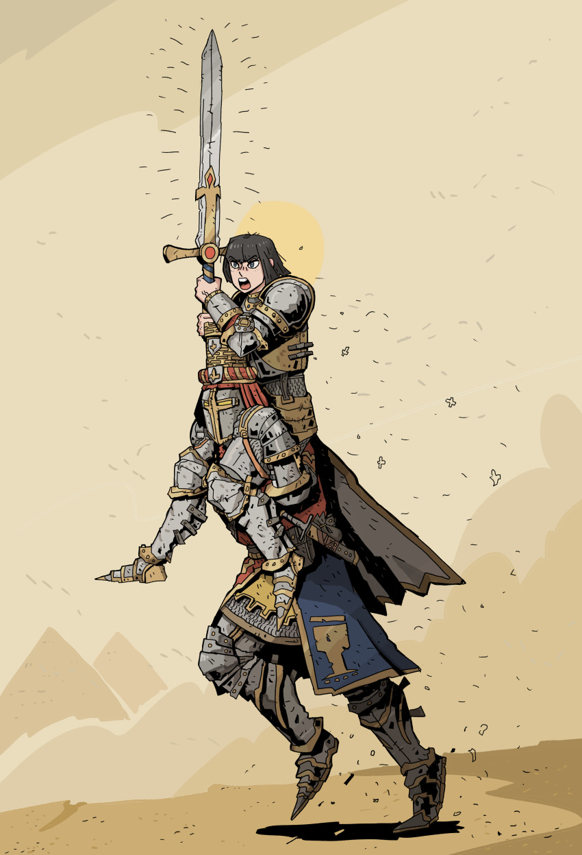 1boy, 1girl, absurdres, armor, black_hair, blue_eyes, bob_cut, full_body