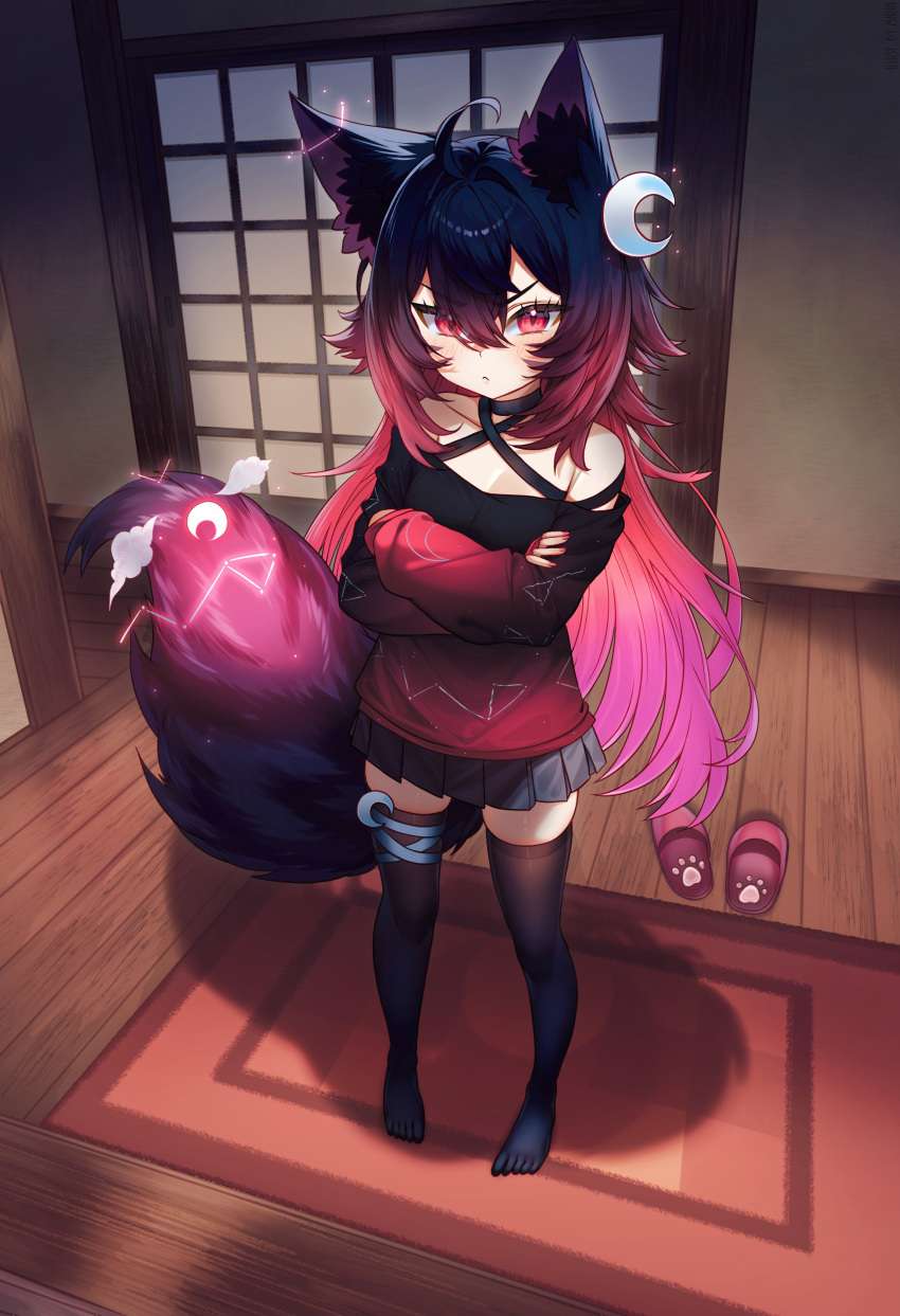 1girl, absurdres, animal_ears, black_hair, black_thighhighs, blush, by_mirin, character_request