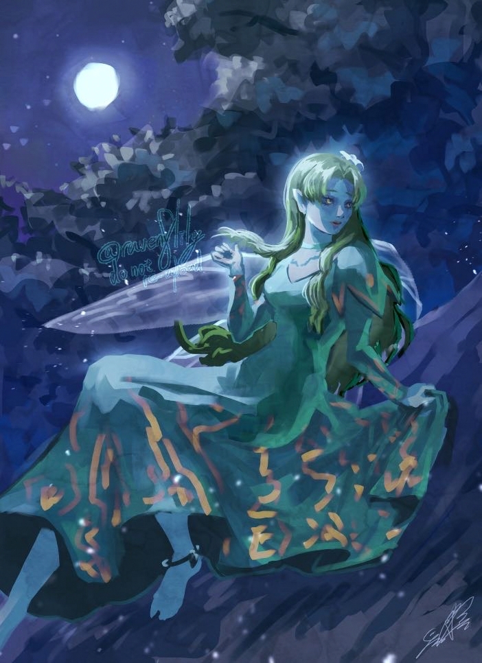 1girl, blonde_hair, commentary_request, dress, foot_out_of_frame, full_moon, green_dress, long_dress, long_hair, moon, night, night_sky, pointy_ears, raven8lily, shin_megami_tensei, sky, solo, titania_(megami_tensei), yellow_eyes