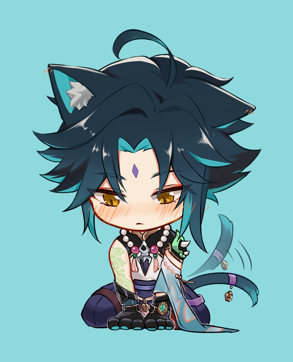 1boy, afterimage, animal_ears, animal_hands, asymmetrical_sidelocks, between_legs, bishounen, blue_background